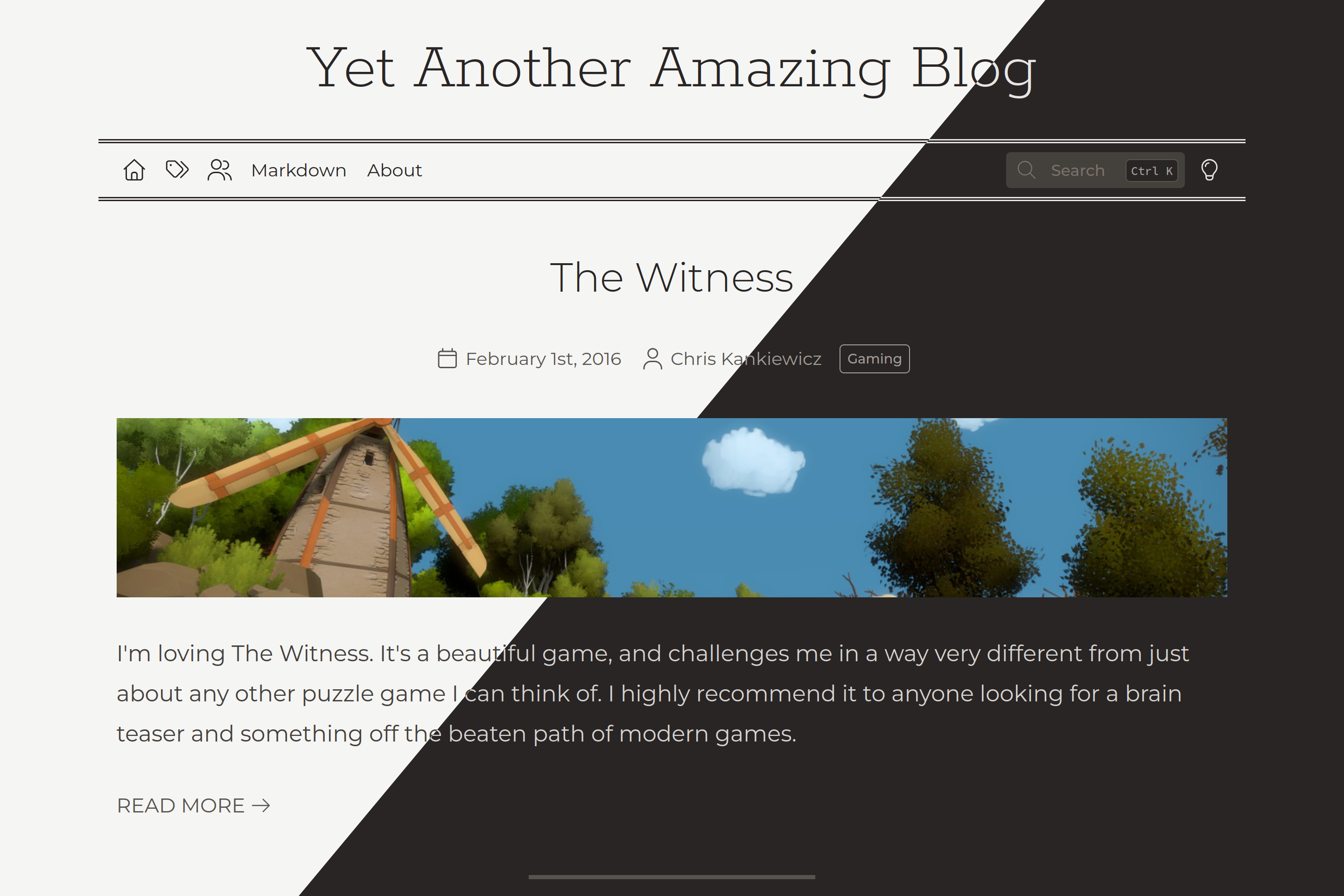 A preview of a Breve blog showing a post titled The Witness with a clean, readable layout.